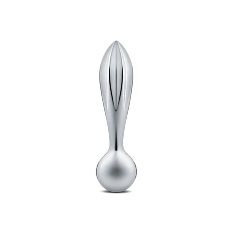 Object self-standing on its sphere-shaped pestle end, with ribbed squeezer end pointing upwards.