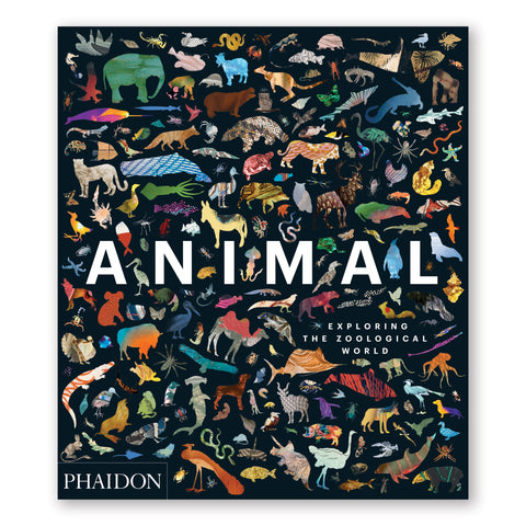 Black book cover with dense array of animal silhouettes in different colors patterns and textures. Title through middle in large white sans serif letters.