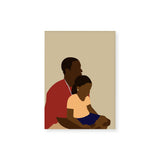 Beige, vertical greeting card with an illustration of a dark-skinned man and young child. The man is wearing a red shirt and a gray chain, he faces right and is holding the child in his lap. The style is minimalist and does not illustrate faces.