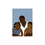 Vertical, light blue greeting card , featuring an illustration of a dark-skinned family: a man in a white v-neck holds two children. One child wears a blue floral top and has braided hair, the other, smaller child wears only red shorts. The style is minimalist and does not illustrate faces.