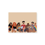 Horizontal, beige greeting card, featuring an illustration on the lower half, of a group of people of different shapes, sizes, and skin tones, in a row. Two people are holding rainbow pride flags, another two are holding rainbow pride fans, and the person at center carries the transgender pride flag. The illustration style is minimalist and renders bodies, clothing, hair and accessories, but not faces.