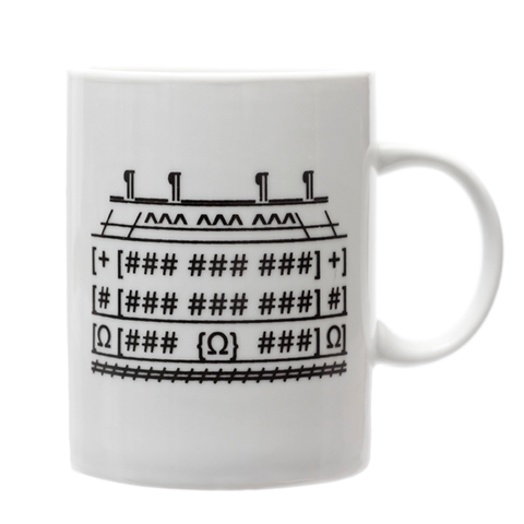 Side view of white ceramic Mansion Mug with black keyboard and punctuation marks configured to resemble Carnegie Mansion.