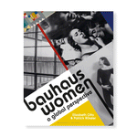 Book cover features a graphic collage designed from three black and white photography and blue, yellow, white, and red rectangular elements. Images from the top left: glass window; group portrait of three women and men; female figure captured motion. The title featured in Bowfin font in black bold.