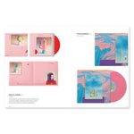 A spread from Behind the Album: Design for Vinyl and CD featuring  two album covers and vinyls. Both Album covers represent a style similar to that of Japanese post modernism from the 1980s and include shades of pink and aquamarine.