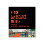 Cover of Black Landscapes Matter featuring a mostly black cover with a small section at the bottom of the cover that features a landscape drawing  of an urban environment. 6 people are placed into the drawing, which includes a bike path, some trees, and street signage.