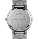 The back face of a silver watch with a mesh band. The brand name and product code are engraved.
