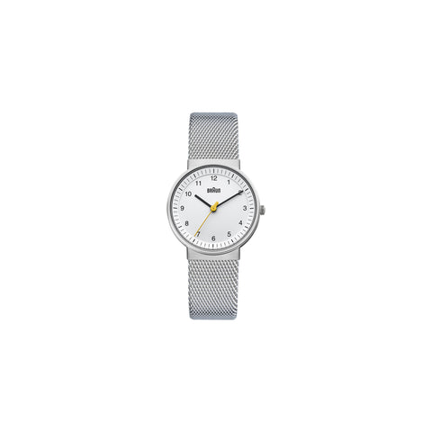 Silver watch with mesh band and white face. The hour and minute hands are black and the second hand is yellow.
