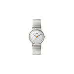 Its slim, 38 mm stainless steel case houses a clear, uncluttered face with a yellow second hand beneath a scratch-resistant mineral crystal. The case segues smoothly to a stainless steel bracelet.