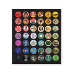 Book cover featuring solid black background and six rows of seven small button pins (from top to bottom). Each button pin is different, also, they are set up in a rainbow color assortment , with red, yellow, pink, purple, green, blue, grey, and black pins.