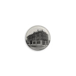 Round hemp paper textured button  with a historic black and white photograph of a georgian-revival style mansion.