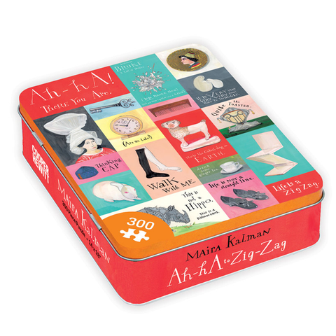 Rectangular tin with pinkish red sides and several small colorful illustrations of statements and design objects on the cover