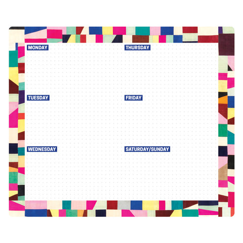 Rectangle with rounded corners featuring a colorful patterned boarder and dot grid interior with spaced out labels for the days of the week