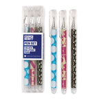 Three pens with clear caps and ends in a clear package. The bodies of the pens feature contrasting patterns. The same three pens are shown outside of the packaging to the right