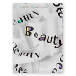 Book cover with image of seemingly crumpled or warped paper with the word' beauty' printed in several places and iridescent patches in the letters and subtitle at top