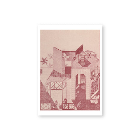 Postcard with beige colored background with a linear and drawing of a geometric, asymmetrical, two story building, in maroon colored ink