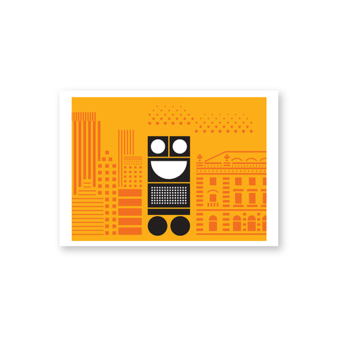 A black robot consisting of 5 rectangular blocks and two circles for feet. Its eyes and mouth are made up of white circles. It is dislpayed against an orange backdrop of New York City to the left, and Cooper Hewitt to the right.