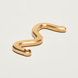 Squiggly small brass object laying flat on its side, against a white background,  with opening on one end for key ring attachment.