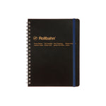 Classic rectangular notebook in black with a black metal spiral on the left and navy elastic strap on the right. Manufacturers name, logo and 2 lines of neatly spaced text appear 1/3 from the top in tan sans serif letters.