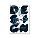 On a white cover the word Design is all-caps, two letters per line, in thick, stepped-back letters, with superimposed drawings of iconic products; desk lamp, vase, sneaker, chair in blue lines over the black lettering which become black lines over white areas. Additional title and author information are in blue over black lettering.