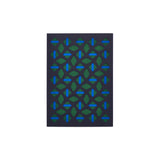 Navy greeting card with geometric cutouts: rows of alternating diamond shapes with stripes down the center, in dark green and blue.