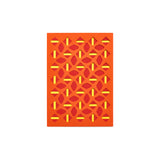 Orange greeting card with geometric cutouts: rows of alternating diamond shapes with stripes down the center, in red and yellow.