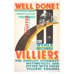 Dust jacket unfolded into a poster of a motorcycle advertisement. Text reads: "Well Done! World Records.Villiers. The simplest sturdiest motorcycles are fitted with these villers engines." 
