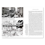 A spread from Essays on Jane Jacobs featuring two images on the left. The images are displayed at the top and bottom of the page. The top image is of a busy street scene and is in black and white. The bottom image is a drawing of a heavily populated area at the center of two office buildings. A bridge, drawn above the crowd, connects both buildings. Black text is printed against a white backdrop on the right page.