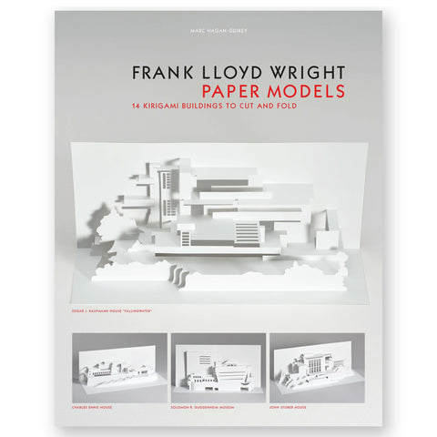 Book cover featuring a light grey to white gradient background, paper model of the famous "FALLINGWATER" home, in the center. At the bottom of the cover, there are three smaller images of architectural accomplishments of Frank Lloyd Wright as paper models.