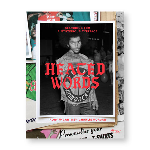Book cover featuring a b&w photo on top of a stack of papers and photos. Photograph depicts a young, afroed man showing off the back of a distressed denim jacket. Red title text in a gothic typeface overlaid.