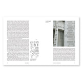 Facing interior pages with white backgrounds. The left page has a full-page column of black text in paragraphs abutted by a narrow 1/2 page column of 14 separate line-drawn renderings of facade components in six rows of 2-3 renderings each. The right page has a caption top left, next to a 1/2 page black and white photo of a facade exhibiting details of some of the facade components on the facing page, with a column of black text underneath.