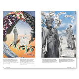 Photomontage technique used in two images. The first image, featured on the left page, is of two women. The women are surrounded by a ring of floral print scarves. A map of berlin is placed between the women with the letters AGB printed in bright green underneath. The image on the right also features women in black and white; however, in this image, the women face one another from opposing sides while surrounded by a white banner as well as cherry blossoms.