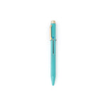 Mint blue pen with gold clip and end cap. The tip is retracted, and the metal slide on the face-forward side indicates with a colored circle that the ink will be blue.