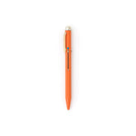 Orange pen with gold clip and silver end cap. The tip is retracted, and the metal slide on the face-forward side indicates with a colored circle that the ink will be blue.