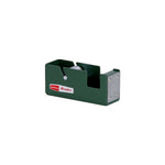 A dark green rectangular shaped dispenser with two slots cut out for a tape roll. The textured steel spool is visible inside the smaller slot. A steel plaque on the front panel has a serrated edge. A red and white retro styled Penco logo is on the side panel. 