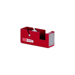 A red rectangular shaped dispenser with two slots cut out for a tape roll. The textured steel spool is visible inside the smaller slot. A steel plaque on the front panel has a serrated edge. A red and white retro styled Penco logo is on the side panel.