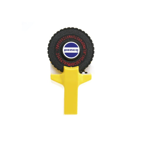 Penco tape writer: yellow plastic handle with a black geared wheel on top. The wheel has red letters in alphabetical order encircling the middle.