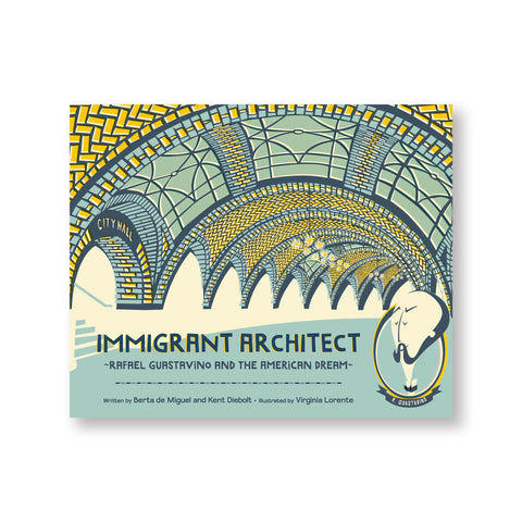 Illustrated horizontal book cover with tiled arches in blues and yellows over title information in a field of blue and a cartoonish face of a man with rather dramatic facial hair