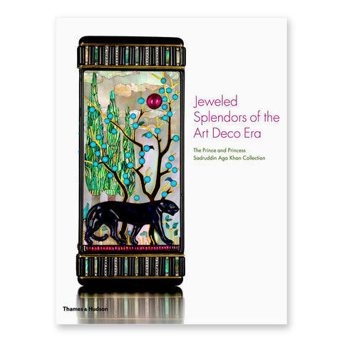 White book cover with a black lacquered box encrusted with jewels in the form of an image of a black panther among trees. Title in thin magenta sans serif letters to the right