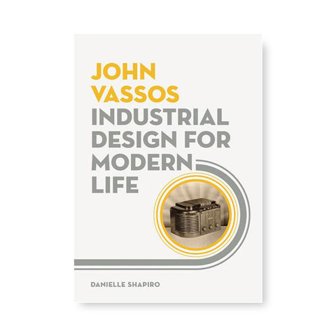 Light gray book cover with title in yellow and medium gray left aligned with art deco ornamentation surrounding a photograph of an early radio