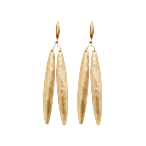 Flat view of Yew Leaf Earrings. Two long hammered bronze leaf shapes dangle from a small, bronze wire branch, which dangles from a small bronze seed shaped piece.
