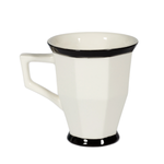 Image of a white faceted mug with square handle. Black trim around rim and base.