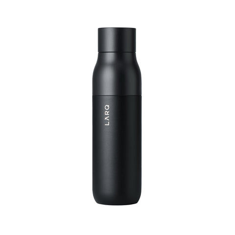 A powder-coated steel water bottle in black. The bottle features a flat round cap. The name of the company is vertically printed upward and in white.