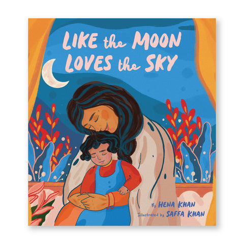 Book cover featuring illustration of mother embracing a child from behind, in front of an indoor window, beneath the night sky. Title is centered in a soft pink color.