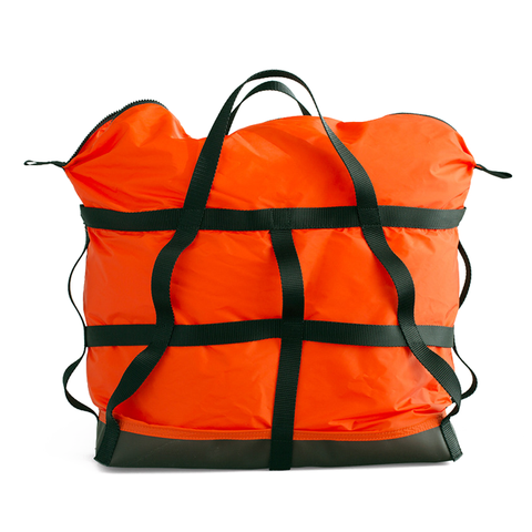 Large orange colored nylon bag with lattice webbing detail and durable vinyl base