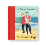 Illustrated book cover with red cloth spine. Illustration shows two figures standing on a beach in red and white striped suits. Title information below in hand written black letters