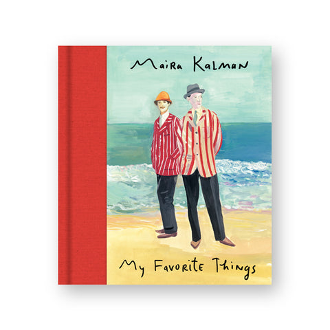 Illustrated book cover with red cloth spine. Illustration shows two figures standing on a beach in red and white striped suits. Title information below in hand written black letters