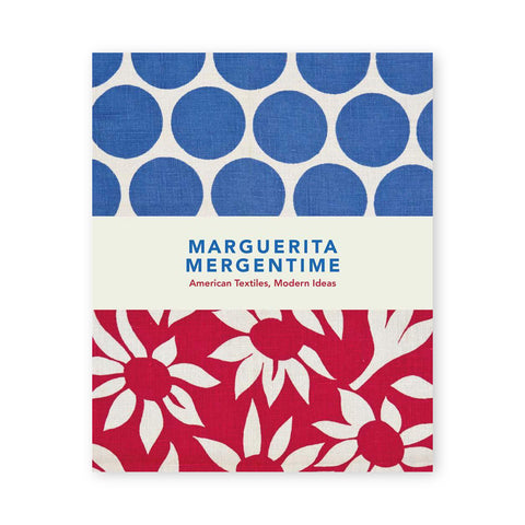 Book cover with central white band with title in red and blue sans serf letters. White and blue polka dotted textile at top of cover and red and white floral textile at bottom