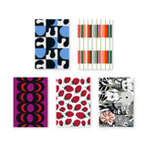 Selection of five postcards with various Marimekko signature prints in geometric patterns, florals, and fruits.