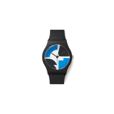 Minimalistic wristwatch featuring four abstract forms in blue and black on the face watch with three slim black watch hands. Matte Black corpus and wristband.