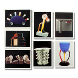 Grid of seven flat Memphis Milano Trading Cards, each featuring a post-modern object on a black or gray background.
